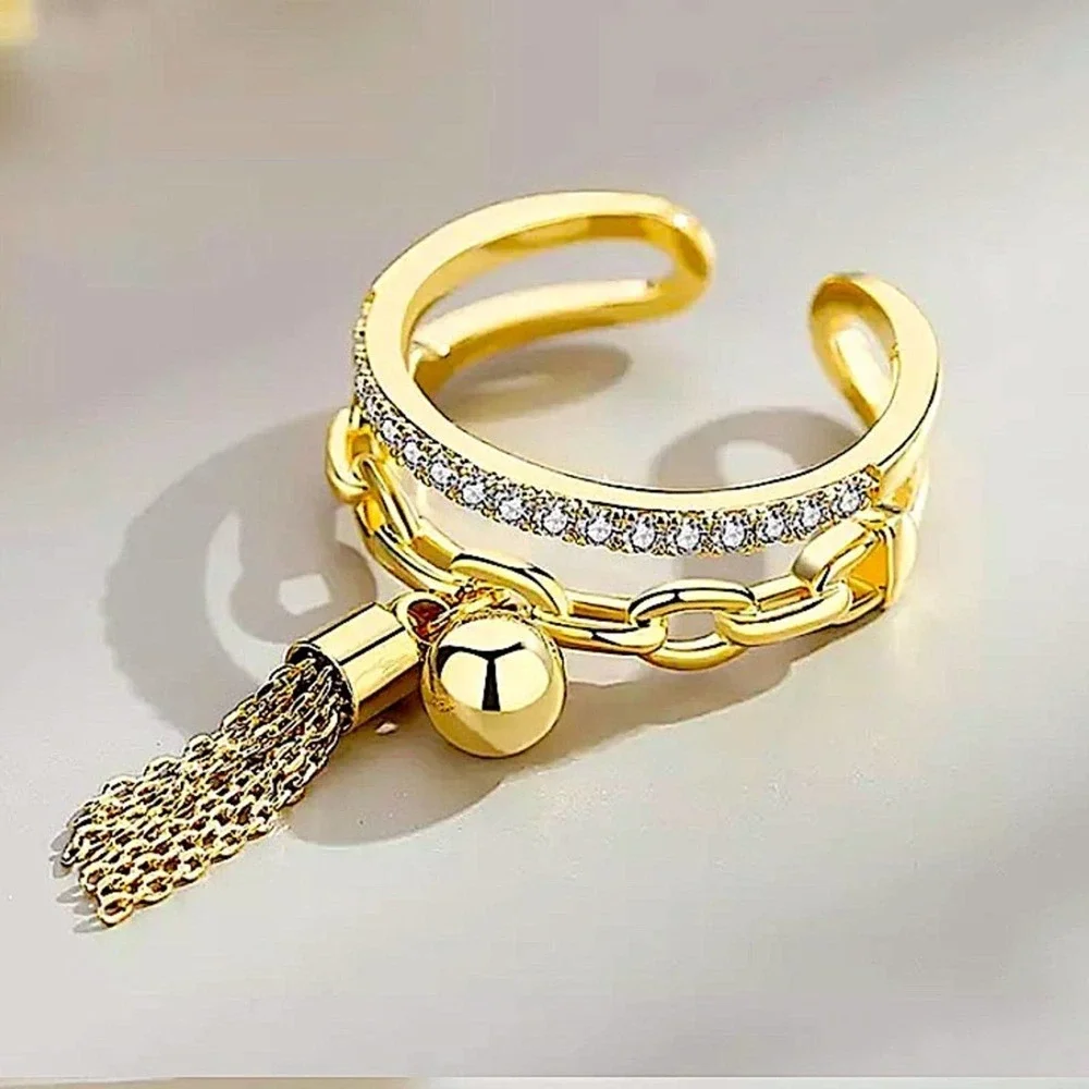 Tassel Ball Drop Gold Plated Double Stack Ring